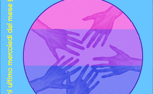 L'immagine raffigura un cerchio contenente delle mani che si uniscono sullo sfondo della bandiera bisessuale, e il logo di Antéros, con il testo: "BISEXUAL SUPPORT GROUP - 26 MARZO 2025 - ogni ultimo mercoledì del mese!".