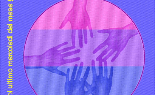Immagine: un cerchio contenente delle mani che si uniscono sullo sfondo della bandiera bisessuale, con il logo di Antéros. Testo: "BISEXUAL SUPPORT GROUP - 30 APRILE 2025 - ogni ultimo mercoledì del mese!".