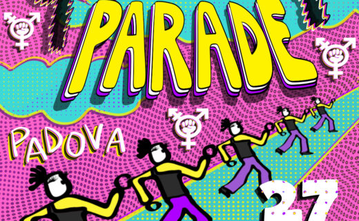 Immagine: dei personaggi queer stilizzati che ballano in strada, colorati coi colori della bandiera non-binary, su uno sfondo un po' psichedelico con grandi nuvole azzurre e con il simbolo trans-femminista. Testo: QUEER PARADE PADOVA, 27 giugno 2025, piazzale Mazzini, h17.30.