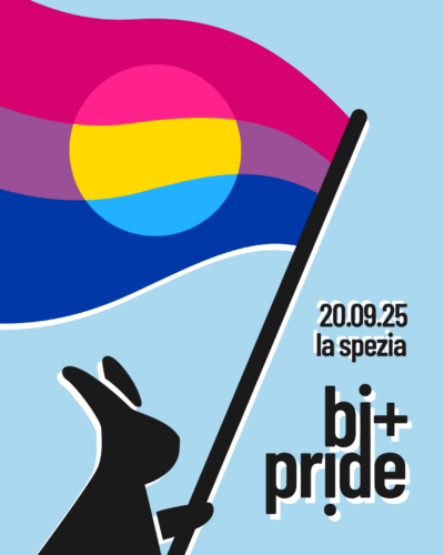 Descrizione immagine: la sagoma nera di un coniglietto (simbolo di Rete Rabbit) regge una bandiera bi e pan. Testo: 20 settembre 2025, La Spezia, bi+ pride