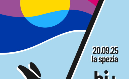 Descrizione immagine: la sagoma nera di un coniglietto (simbolo di Rete Rabbit) regge una bandiera bi e pan. Testo: 20 settembre 2025, La Spezia, bi+ pride