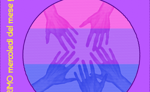 Immagine: un cerchio contenente delle mani che si uniscono sullo sfondo della bandiera bisessuale, con il logo di Antéros. Testo: "BISEXUAL SUPPORT GROUP - 1° OTTOBRE 2025 - ogni PRIMO mercoledì del mese!".