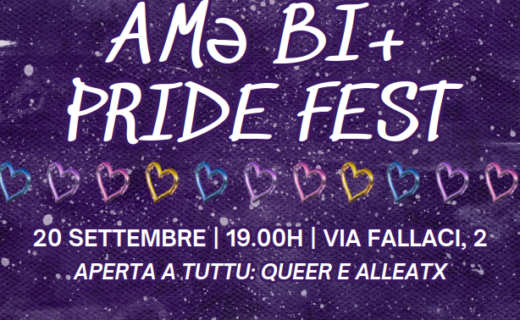 Testo su sfondo viola scuro glitterato: "AMƏ BI+ PRIDE FEST - 20 settembre H 19:00 - Via Fallaci, 2 - aperta a tuttu: queer e alleatx - la festa del bi+ pride 2025 - la serata che stavi aspettando!". L'immagine contiene anche i loghi di AMƏ QUEER FEST e di RABBIT.
