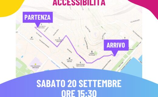 Descrizione immagine: la mappa del percorso con indicati "PARTENZA" e "ARRIVO", incorniciati da decorazioni colorate, col logo di Rabbit e il logo del Bi+ Pride. Contiene anche un testo che dice: "BI+ PRIDE: PERCORSO, INFO & ACCESSIBILITÀ - SABATO 20 SETTEMBRE ORE 15:30 - PIAZZA BRIN, LA SPEZIA"