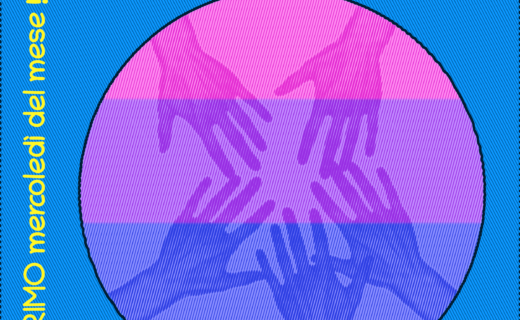 Immagine: un cerchio contenente delle mani che si uniscono sullo sfondo della bandiera bisessuale, con il logo di Antéros. Testo: "BISEXUAL SUPPORT GROUP - 5 NOVEMBRE 2025 - ogni PRIMO mercoledì del mese!".