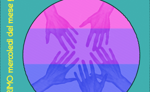 Immagine: un cerchio contenente delle mani che si uniscono sullo sfondo della bandiera bisessuale, con il logo di Antéros. Testo: "BISEXUAL SUPPORT GROUP - 3 dicembre 2025 - ogni PRIMO mercoledì del mese!".