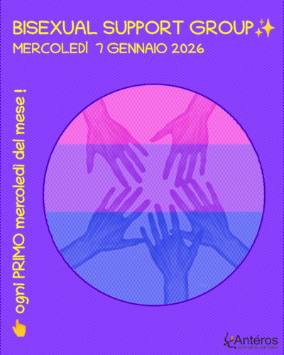 un cerchio contenente delle mani che si uniscono sullo sfondo della bandiera bisessuale, con il logo di Antéros. Testo: "BISEXUAL SUPPORT GROUP - 7 GENNAO 2026 - ogni PRIMO mercoledì del mese!".