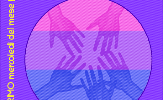 un cerchio contenente delle mani che si uniscono sullo sfondo della bandiera bisessuale, con il logo di Antéros. Testo: "BISEXUAL SUPPORT GROUP - 7 GENNAO 2026 - ogni PRIMO mercoledì del mese!".