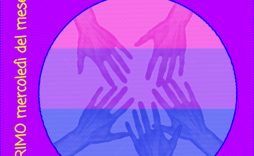 Immagine: un cerchio contenente delle mani che si uniscono sullo sfondo della bandiera bisessuale, con il logo di Antéros. Testo: "BISEXUAL SUPPORT GROUP - 1 APRILE 2026 - ogni PRIMO mercoledì del mese!".