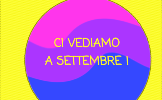 Immagine: un cerchio contenente delle onde nei colori della bandiera bisessuale, le emoji del sole e dell'ombrellone, il logo di Antéros, su sfondo giallo. Testo: "BISEXUAL SUPPORT GROUP - PAUSA ESTIVA - CI VEDIAMO A SETTEMBRE".