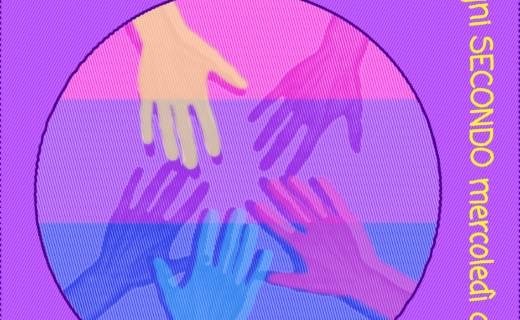 Immagine: un cerchio contenente delle mani che si uniscono sullo sfondo della bandiera bisessuale, con il logo di Antéros. Testo: "BISEXUAL SUPPORT GROUP - 9 SETTEMBRE 2026 - ogni SECONDO mercoledì del mese!".